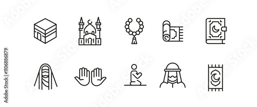 Muslim icons. Set of 10 trendy minimal icons. Example: Quran, Arabic Arch, Oil Rig, Kaaba, Karpet icon. Design signs for web page, mobile app, packaging design. Vector illustration.