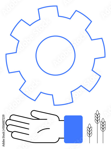 Gear, open hand, and three ears of wheat. Ideal for teamwork, industry, cooperation, farming, agriculture mechanization productivity. Line metaphor