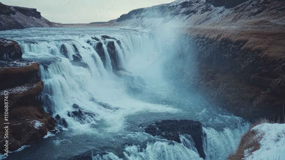 Obraz premium Gullfoss waterfall in Iceland, with dramatic tiers and mist rising from the powerful flow