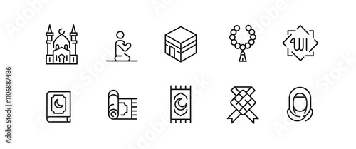 Ramadan icons. Set of 10 trendy minimal icons. Example: Mosque, Islam, Arabic Arch, Kaaba, carpet icon. Design signs for web page, mobile app, packaging design. Vector illustration.