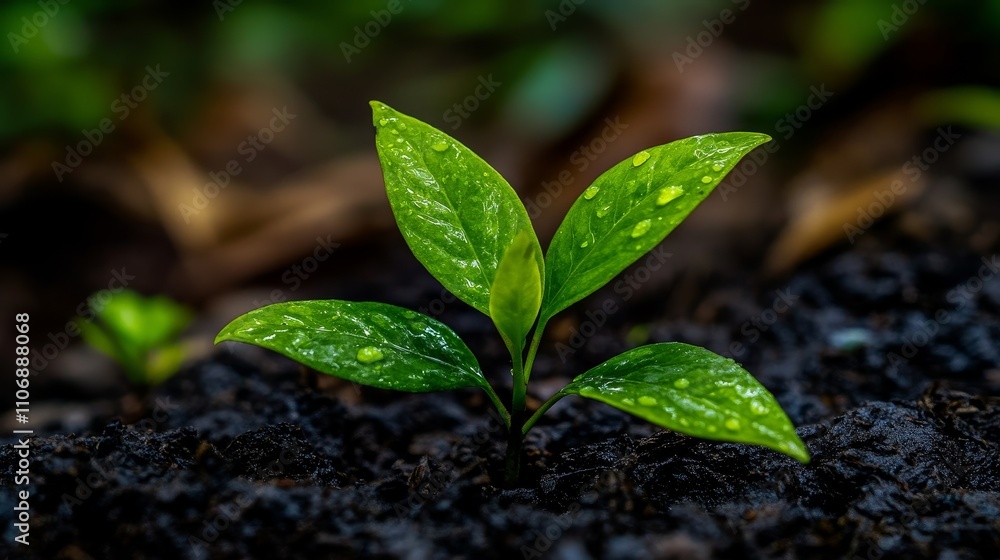 Naklejka premium A Young Green Plant Sprouting in Dark Soil with Dew Drops