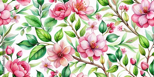 Elegant Hand Painted Watercolor Pattern of Pink Blooming Flowers and Green Leaves for Floral Wallpaper Design and Home Decor Inspiration