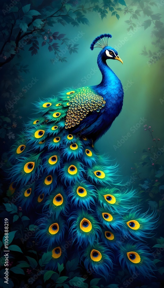 Fototapeta premium Elegant Peacock Vibrant Feathers Wallpaper, Generative AI