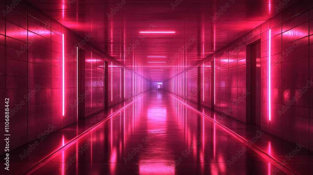 A Long, Pink-Lit Corridor with Reflective Floor A Long, Pink-Lit Corridor with Reflective Floor