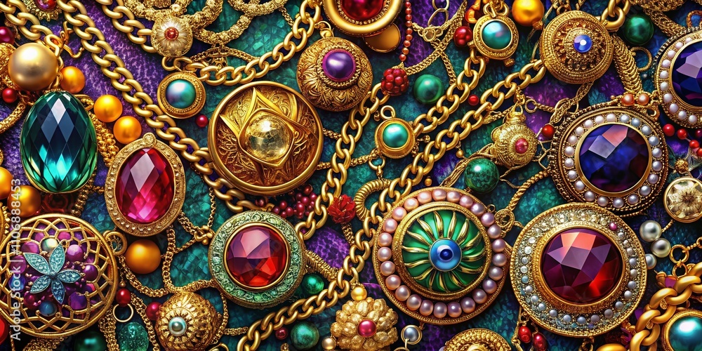 Elegant Jewelry and Chain Pattern for Sophisticated Designs and Fashion Projects in High-Quality Panoramic Photography, Perfect for Textiles, Wallpapers, and Stationery Elegant Jewelry and Chain Pattern for Sophisticated Designs and Fashion Projects in High-Quality Panoramic Photography, Perfect for Textiles, Wallpapers, and Stationery