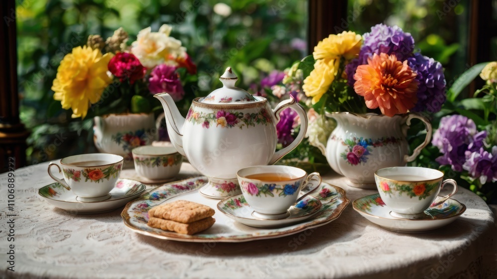 A tea arrangement in Victorian style with exquisite china, set amidst vibrant flowers and lush greenery A tea arrangement in Victorian style with exquisite china, set amidst vibrant flowers and lush greenery