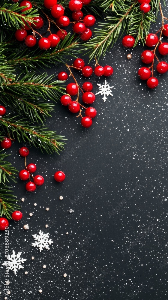 A festive arrangement of pine branches and red berries on a dark background, sprinkled with snowflakes, perfect for holiday-themed decor. A festive arrangement of pine branches and red berries on a dark background, sprinkled with snowflakes, perfect for holiday-themed decor.