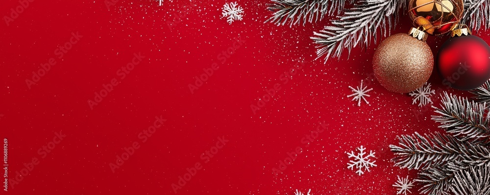 A festive red background adorned with Christmas ornaments, snowflakes, and pine branches, creating a cheerful holiday atmosphere. A festive red background adorned with Christmas ornaments, snowflakes, and pine branches, creating a cheerful holiday atmosphere.