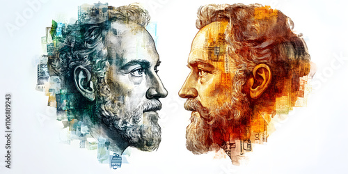 Artistic Dual Portrait of Bearded Man in Blue and Orange Abstract Style