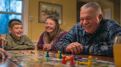 A brother-in-law shares a joyful board game night with family, highlighted by smiles, vibrant game pieces, and refreshments in a bright indoor setting.