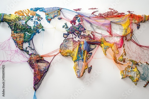 Colorful World Map Crafted With Threads Showing Global Connections