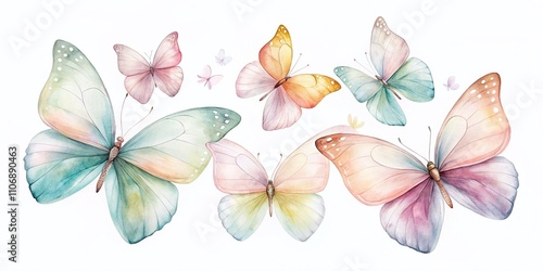 Elegant Minimalist Photography of Watercolor Butterflies in Soft Pastel Colors, Capturing the Graceful Movement and Delicate Beauty of Nature’s Colorful Insects