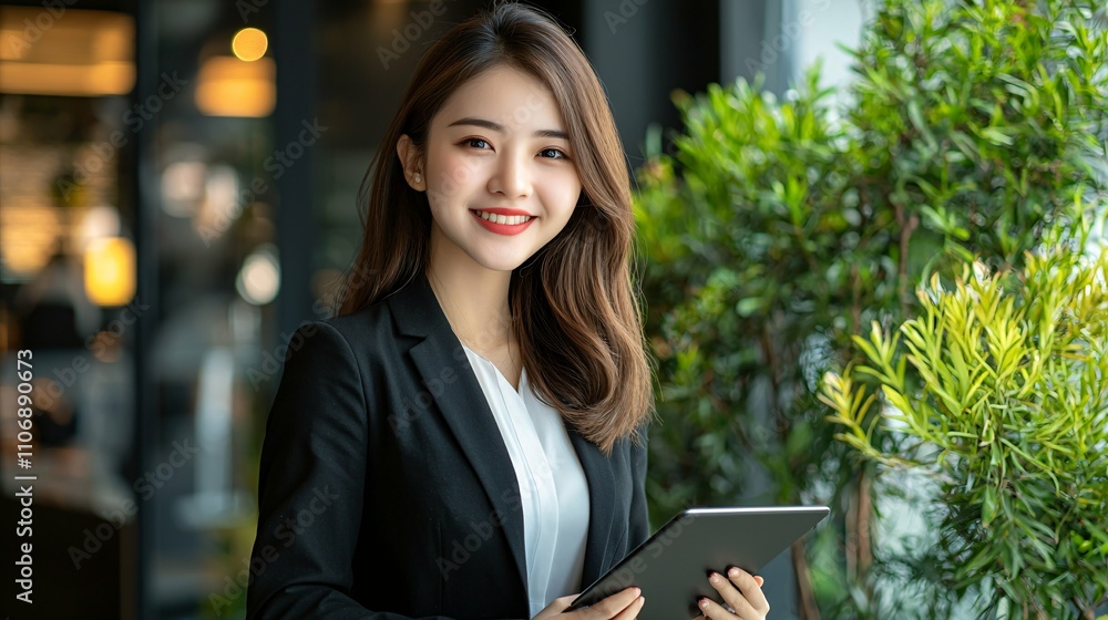 Fototapeta premium A confident businesswoman in elegant attire smiles while holding a tablet in a modern office, exuding professionalism and positivity.
