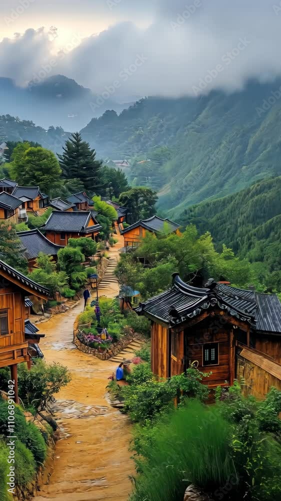 A Serene Mountain Village with Traditional Wooden Houses Nestled in Lush Greenery A Serene Mountain Village with Traditional Wooden Houses Nestled in Lush Greenery