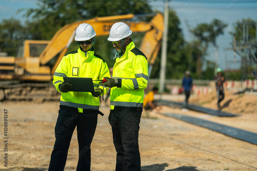 Two engineers in high-visibility jackets and helmets reviewing plans on a laptop at a construction site with an excavator in the background, representing safety, precision, and technological planning. Two engineers in high-visibility jackets and helmets reviewing plans on a laptop at a construction site with an excavator in the background, representing safety, precision, and technological planning.