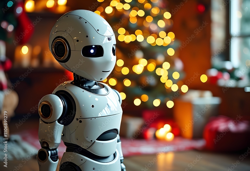 Friendly robot with cheerful mood standing against Christmas tree background Friendly robot with cheerful mood standing against Christmas tree background