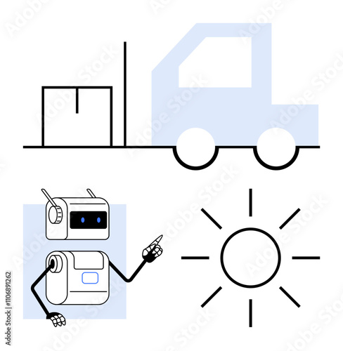 Robot pointing at a sun symbol, next to a truck carrying a cargo box. Ideal for technology, logistics, automation, robotics, transportation, delivery services, and innovation themes. Line metaphor