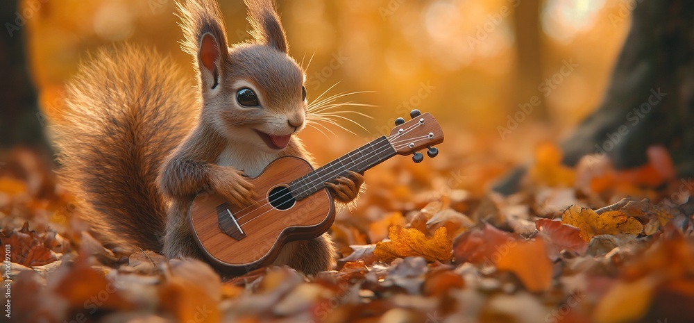 A cheerful squirrel playing a ukulele among autumn leaves. A cheerful squirrel playing a ukulele among autumn leaves.