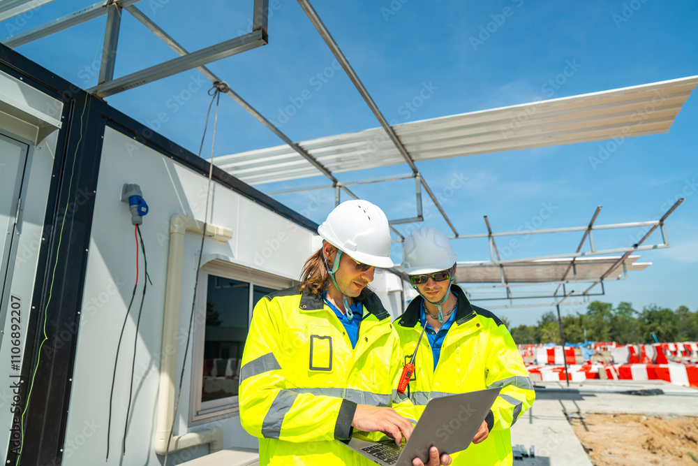 Two engineers in high visibility jackets and helmets working on a laptop at a modular construction site, with steel framework and wiring visible, highlighting teamwork, planning construction. Two engineers in high visibility jackets and helmets working on a laptop at a modular construction site, with steel framework and wiring visible, highlighting teamwork, planning construction.