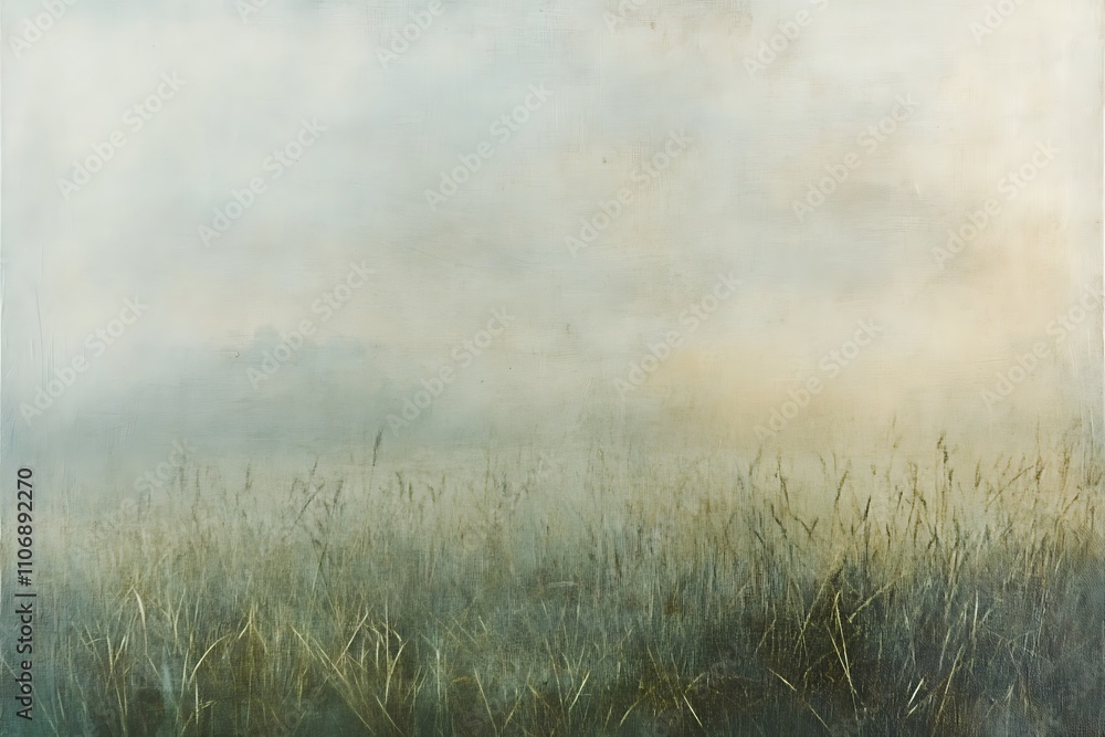 Obraz premium Misty morning field, soft light, muted colors, tranquil landscape.