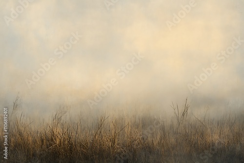 Misty sunrise over dry grass field.