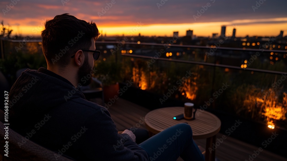 A Man Silhouetted Against a City Sunset, Enjoying the Evening A Man Silhouetted Against a City Sunset, Enjoying the Evening