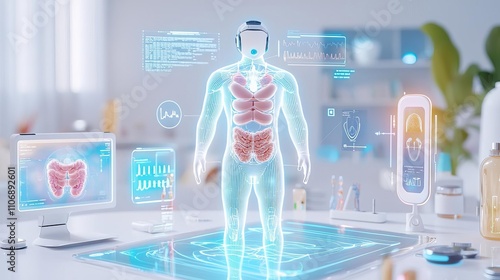 A futuristic view of wearable technology integrating with IGSI for monitoring and optimizing digestive health, with sleek device designs photo