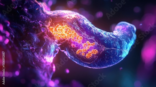 3D human pancreas illustration with glowing digestive enzymes, Islets of Langerhans, and detailed exocrine glands, lit up for medical educational use photo