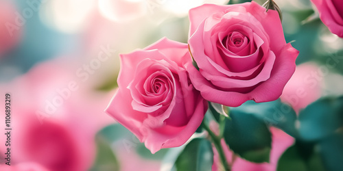 Two pink roses blooming in soft focus with green leaves and dreamy bokeh background