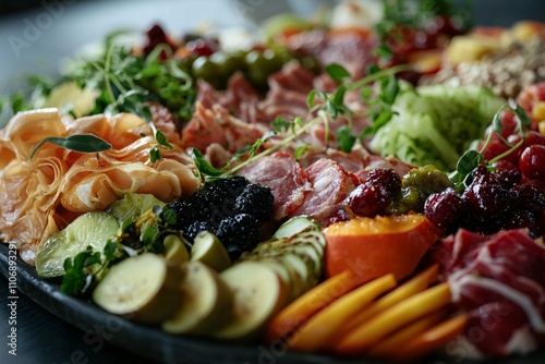 A vibrant close-up of a diverse platter featuring fruits, vegetables, and meats, illustrating the versatility of an omnivorous diet. photo