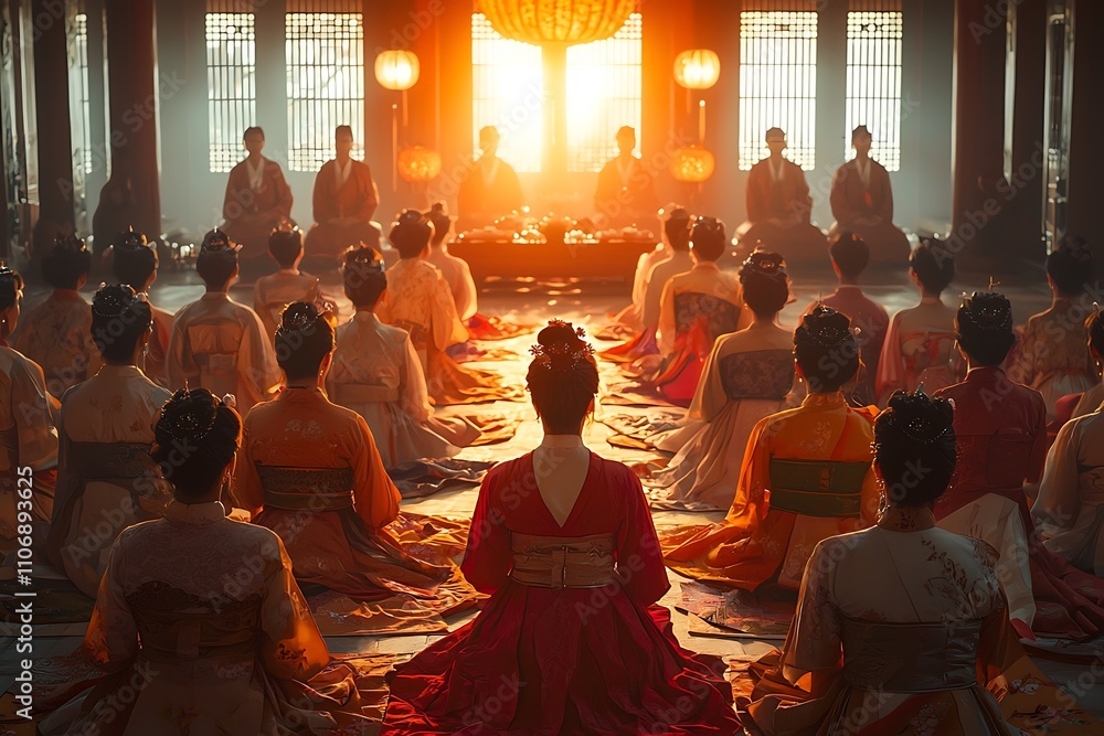 Ancient Court Women Gather, Serene & Golden Hour Ancient Court Women Gather, Serene & Golden Hour