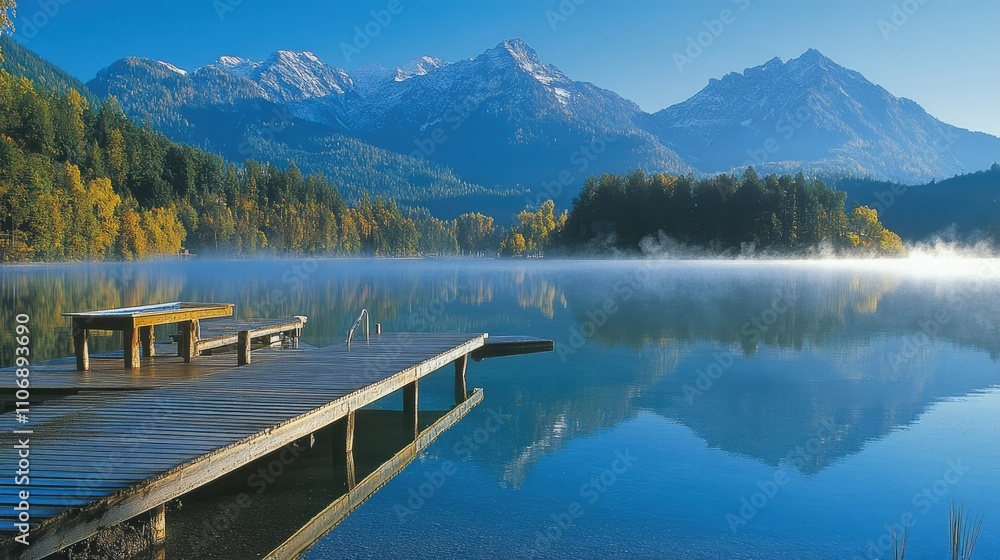 A calm morning at Plansee, with mist rising off the water and the majestic Alps towering in the background, offering a serene alpine retreat A calm morning at Plansee, with mist rising off the water and the majestic Alps towering in the background, offering a serene alpine retreat