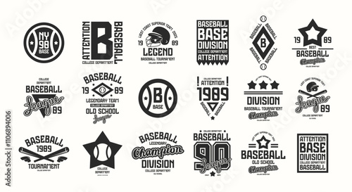 Labels set of baseball game. Graphic design for t-shirt. Black print on white background