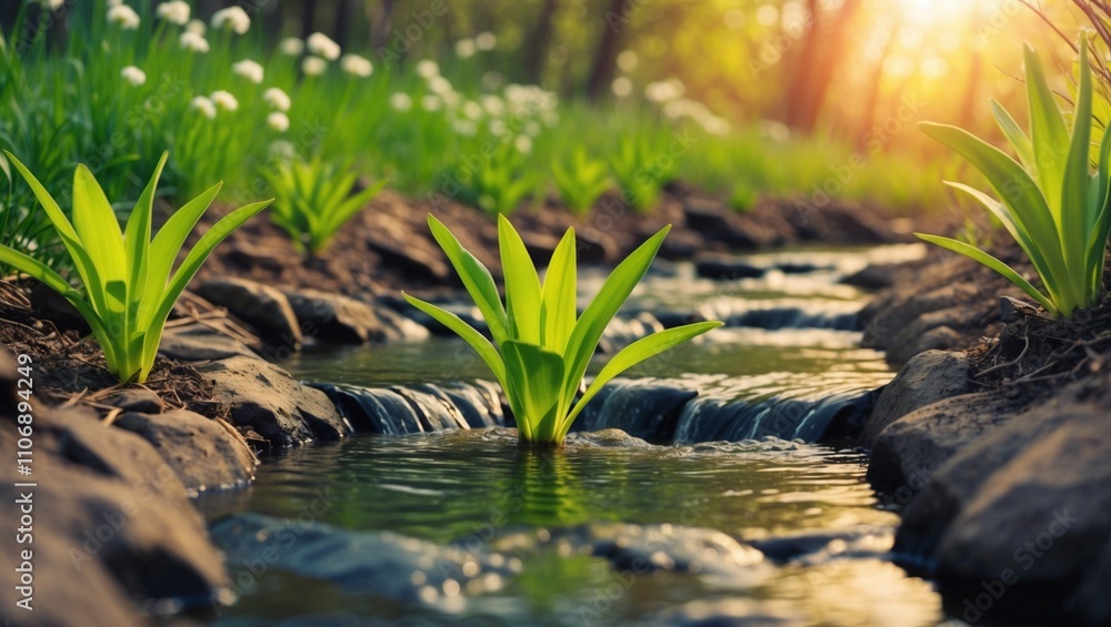 Water rushes over rocks, lush green grass swaying in the gentle breeze Water rushes over rocks, lush green grass swaying in the gentle breeze