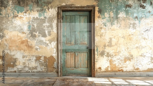 An artistic shot of a vintage bedroom door with peeling paint, adding a sense of history and charm