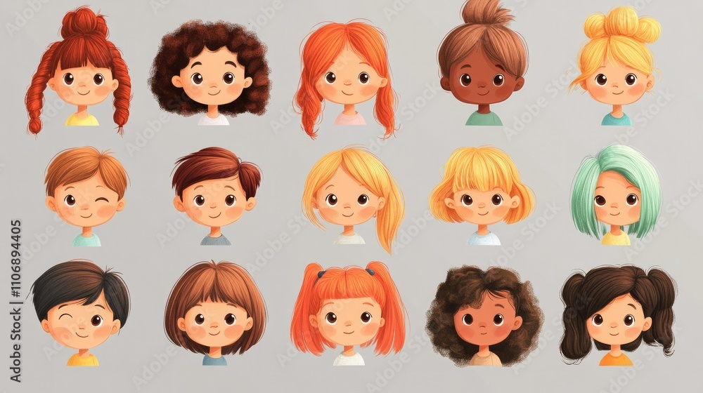 A collection of cute cartoon characters with different hair types and facial features, each with a playful and unique appearance, perfect for children's illustrations A collection of cute cartoon characters with different hair types and facial features, each with a playful and unique appearance, perfect for children's illustrations