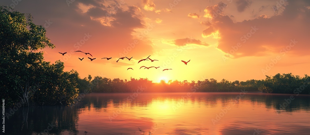 Birds flying over lake at sunset. Birds flying over lake at sunset.