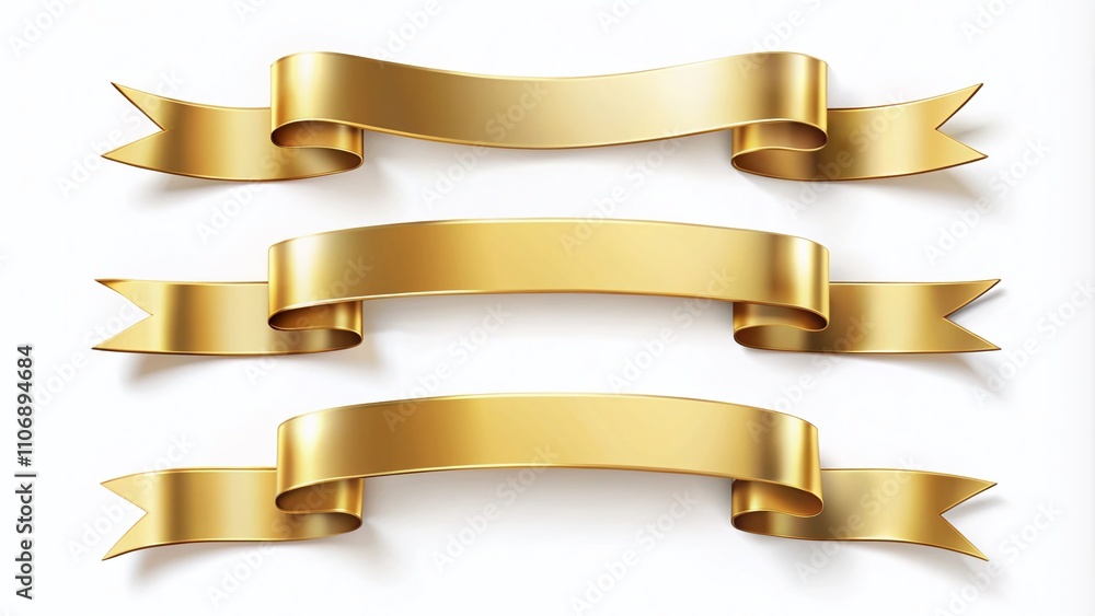 Elegant Set of Gold Banner Label Ribbons on a White Background, Perfect for Celebrations, Promotions, and Crafting Projects, Captured in Candid Photography Style Elegant Set of Gold Banner Label Ribbons on a White Background, Perfect for Celebrations, Promotions, and Crafting Projects, Captured in Candid Photography Style