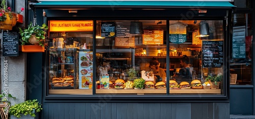 A cozy burger shop with a welcoming display and warm interior ambiance.