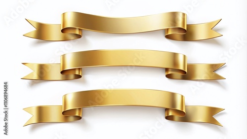 Elegant Set of Gold Banner Label Ribbons on a White Background, Perfect for Celebrations, Promotions, and Crafting Projects, Captured in Candid Photography Style