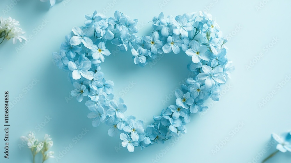 A delicate heart-shaped wreath made of light blue flowers, perfect for Valentine's Day or Mother Day, set against a soft pastel background for a romantic, elegant touch. A delicate heart-shaped wreath made of light blue flowers, perfect for Valentine's Day or Mother Day, set against a soft pastel background for a romantic, elegant touch.