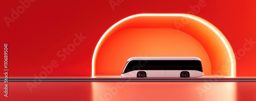 Futuristic train model under a vibrant sunset backdrop. photo