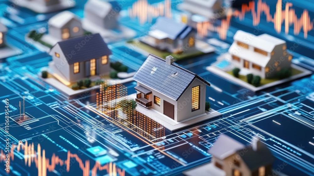 A futuristic real estate investment scene, featuring property data, financial overlays, and graphs on digital screens to represent asset growth A futuristic real estate investment scene, featuring property data, financial overlays, and graphs on digital screens to represent asset growth