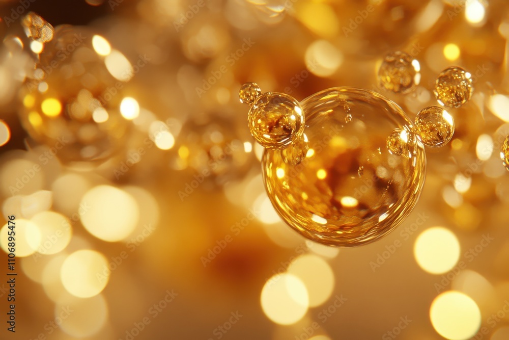 A close-up view of golden oil droplets suspended in liquid A close-up view of golden oil droplets suspended in liquid