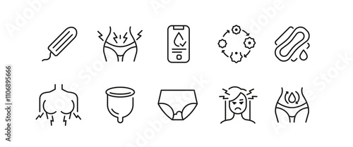 Menstruation icons. Set of 10 menstruation trendy minimal icons. Tampon, period pad, PMS symptoms, ovulation calendar icon. Design signs for web page, mobile app, packaging design. Vector illustration