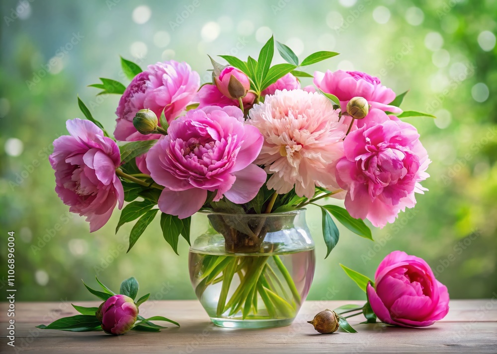 Elegant Springtime Peony Bouquet in Glass Vase Surrounded by Lush Greens on Soft Light Background, Perfect for Floral Decor and Nature Lovers Elegant Springtime Peony Bouquet in Glass Vase Surrounded by Lush Greens on Soft Light Background, Perfect for Floral Decor and Nature Lovers