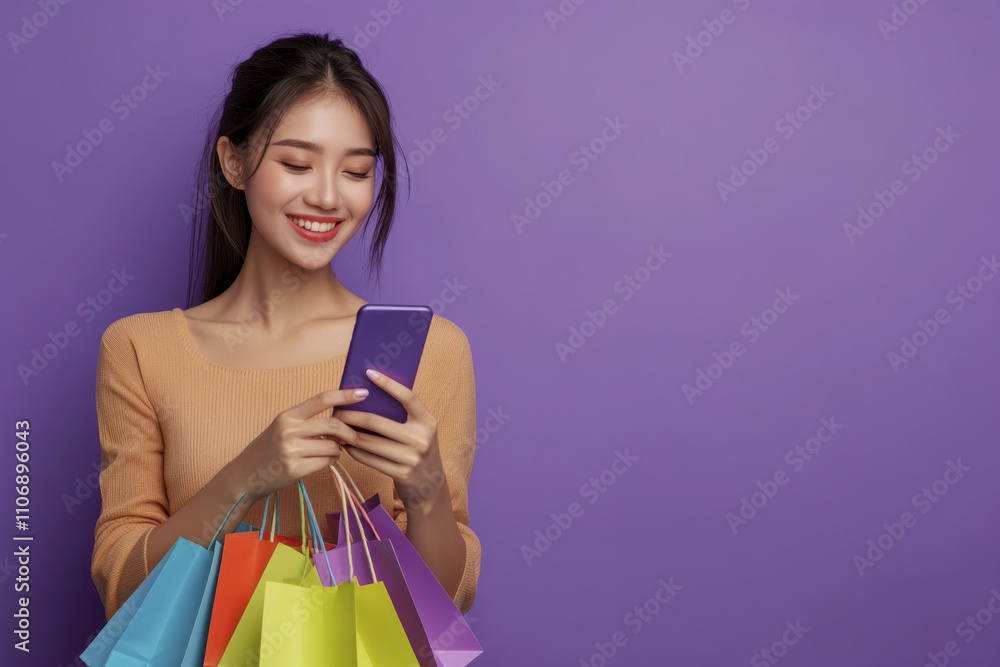 A young woman holding shopping bags and using her mobile phone to make an online purchase, new year sale A young woman holding shopping bags and using her mobile phone to make an online purchase, new year sale