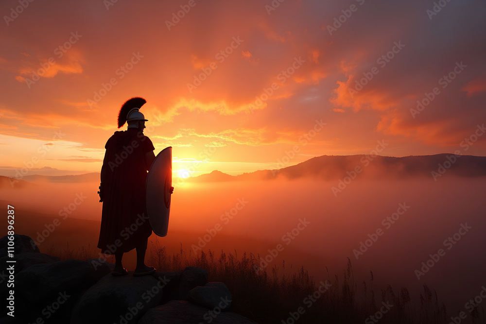 Obraz premium Roman soldier stands on the battlefield