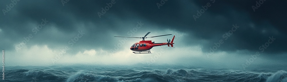 Fototapeta premium Red helicopter flying through stormy skies over turbulent waters.