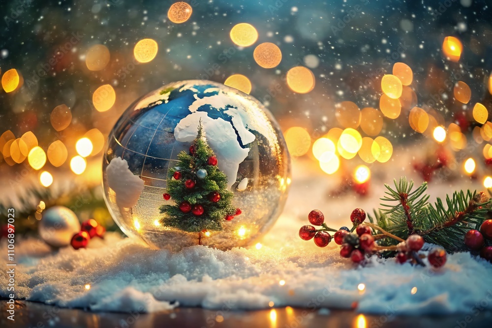 Elegant Tilt-Shift Photography of a Globe Adorned with Festive Decorations and Gentle Snowfall, Capturing the Joyous Spirit of the Holiday Season in a Miniature World Elegant Tilt-Shift Photography of a Globe Adorned with Festive Decorations and Gentle Snowfall, Capturing the Joyous Spirit of the Holiday Season in a Miniature World